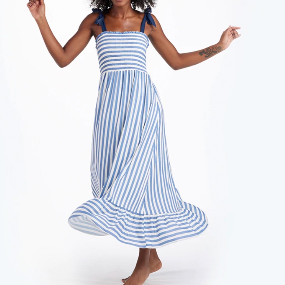 Summersalt Smocked Blue and White Striped Maxi Dress